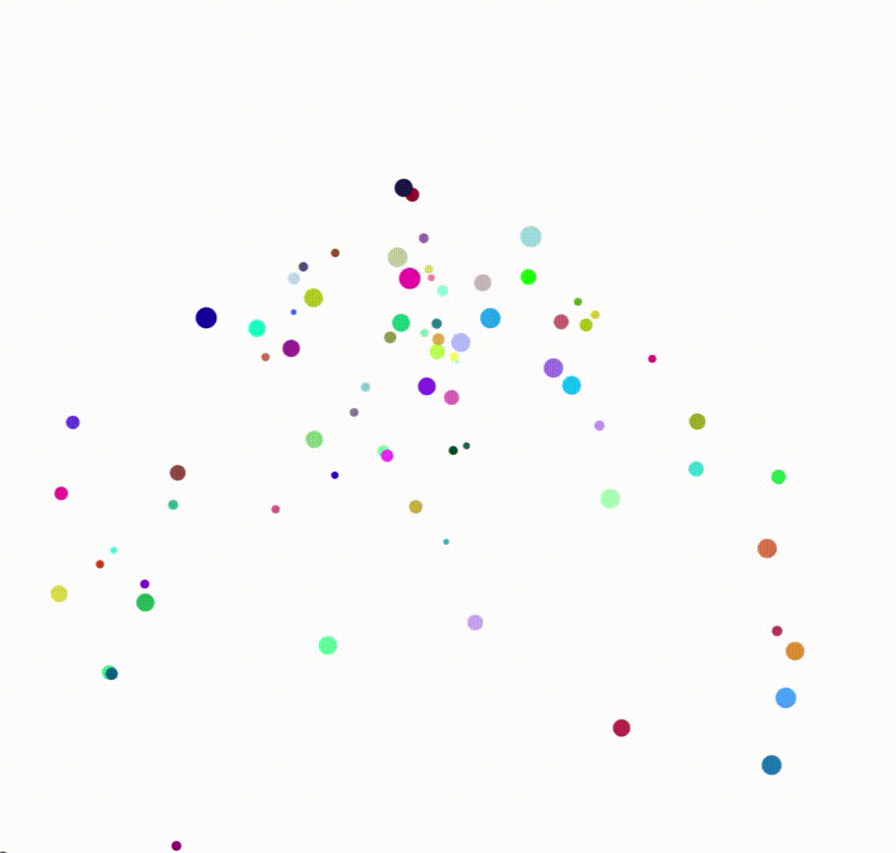Randomly colored particles spreading radially while falling